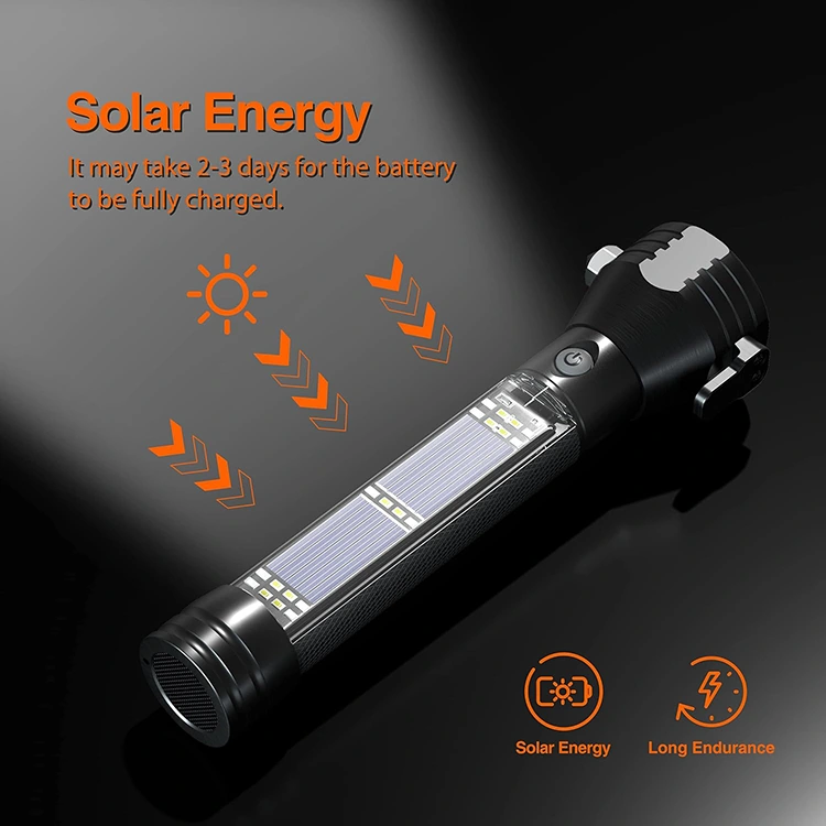 Solar Flashlight with Window Breaker and Seat Belt Cutter